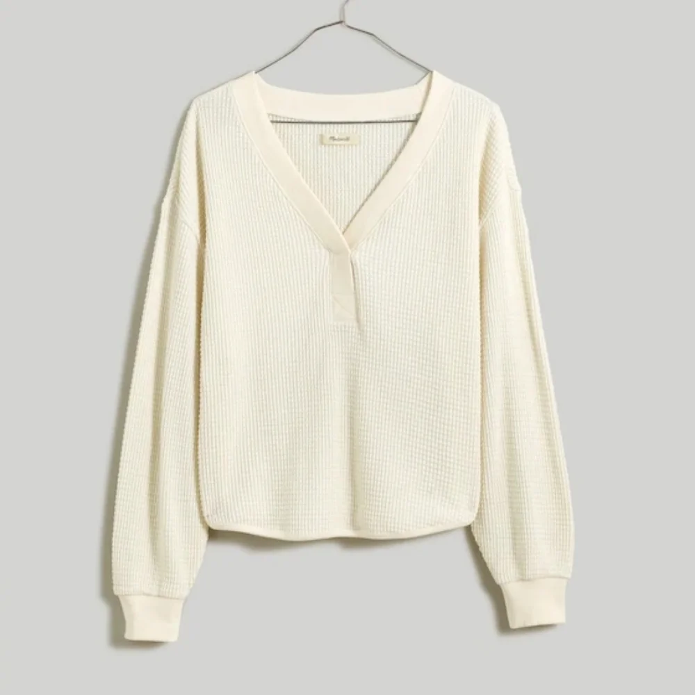 Madewell Classic Brushed Waffle Knit V-neck Long Sleeve Top In Antique Cream XL
